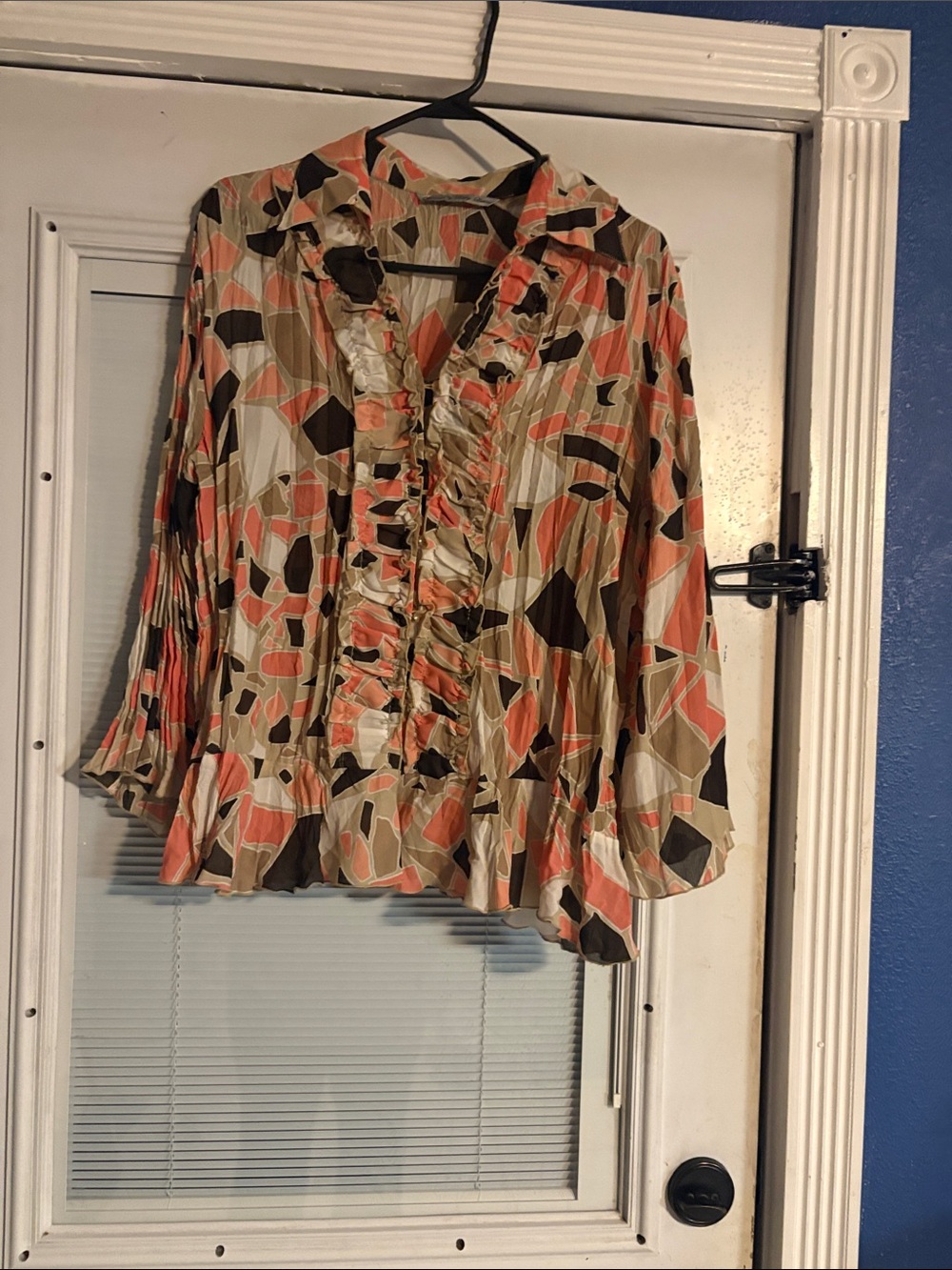 Larry Levine Coral, Taupe & Black Ruffle Front Blouse